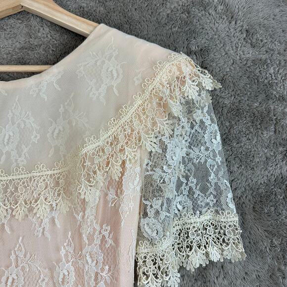Vintage 80s Pink Peach Lace Dress Victorian Frilly Rosette Coquette Cottage Prom - Picture 6 of 15